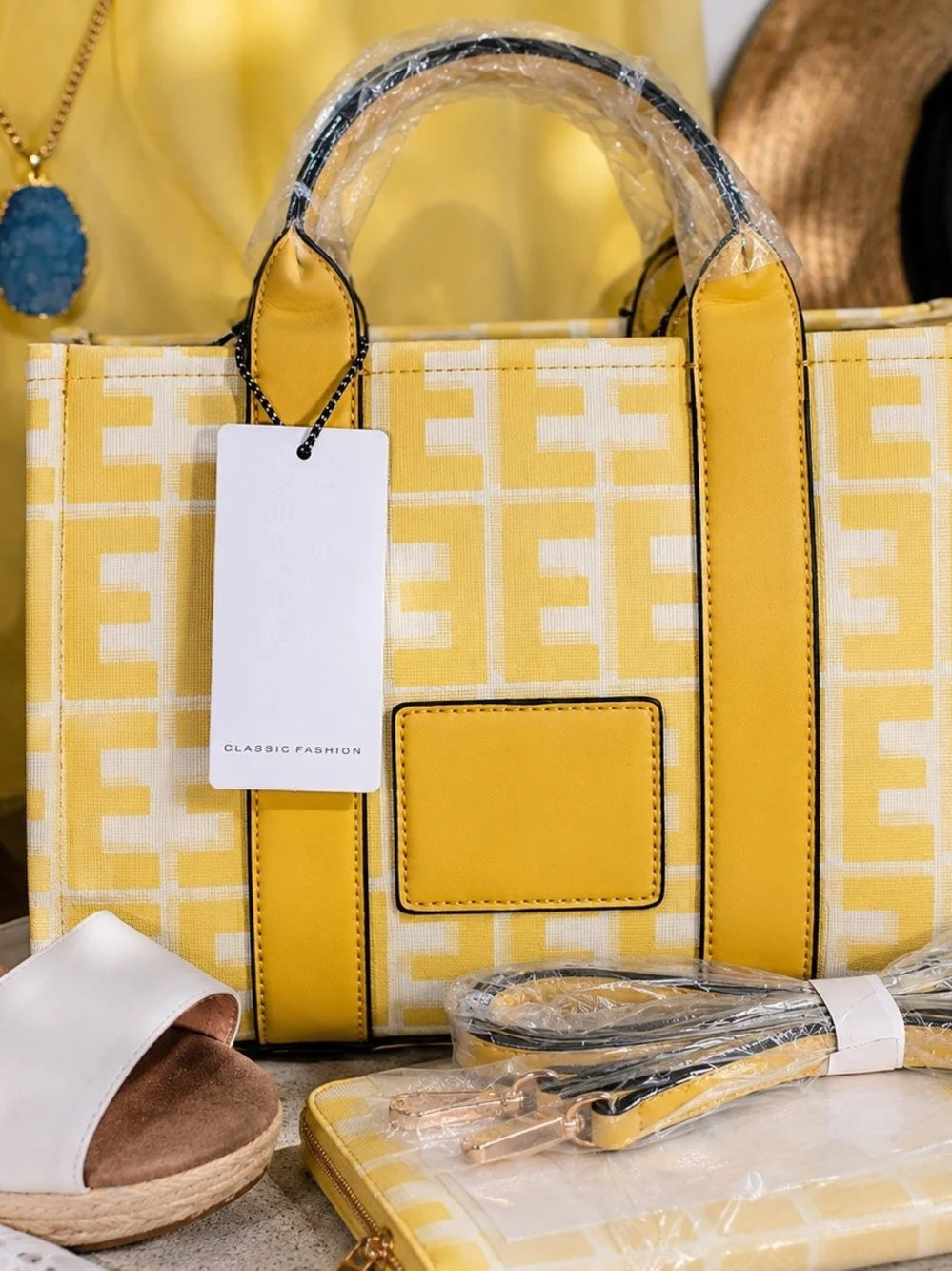 Classic Fashion Yellow Monogram Tote Bag w/Wallet & Crossbody Strap NWT